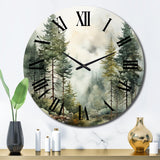 Pine Tree Misty Morning II - Floral Metal Wall Clock