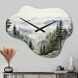 Pine Tree Misty Mountain I - Asymmetric Metal Wall Clock