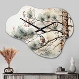 Bird On Pine Tree II - Asymmetric Metal Wall Clock