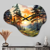 Pine Tree Sunset Glow I - Asymmetric Metal Wall Clock