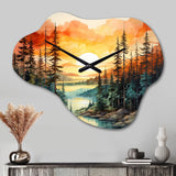 Pine Tree Sunset Glow II - Asymmetric Metal Wall Clock