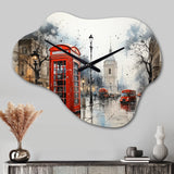 Red Telephone Booth Urban Encounters - Asymmetric Metal Wall Clock