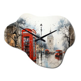 Red Telephone Booth Urban Encounters - Asymmetric Metal Wall Clock