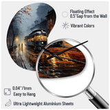 Train Misty Morning Pointillism I - Asymmetric Metal Wall Clock