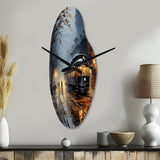 Train Misty Morning Pointillism I - Asymmetric Metal Wall Clock