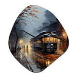 Train Misty Morning Pointillism I - Asymmetric Metal Wall Clock