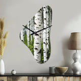 White Green Birch Tree Whispers III - Asymmetric Metal Wall Clock