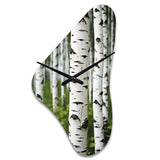 White Green Birch Tree Whispers III - Asymmetric Metal Wall Clock