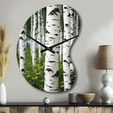 White Green Birch Tree Whispers III - Asymmetric Metal Wall Clock