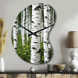 White Green Birch Tree Whispers III - Asymmetric Metal Wall Clock