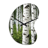 White Green Birch Tree Whispers III - Asymmetric Metal Wall Clock
