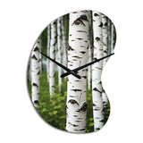 White Green Birch Tree Whispers III - Asymmetric Metal Wall Clock