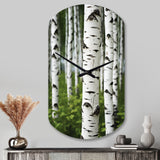 White Green Birch Tree Whispers III - Asymmetric Metal Wall Clock