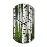 White Green Birch Tree Whispers III - Asymmetric Metal Wall Clock