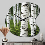 White Green Birch Tree Whispers III - Asymmetric Metal Wall Clock