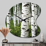 White Green Birch Tree Whispers III - Asymmetric Metal Wall Clock