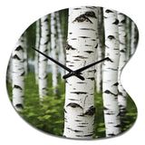 White Green Birch Tree Whispers III - Asymmetric Metal Wall Clock