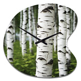 White Green Birch Tree Whispers III - Asymmetric Metal Wall Clock