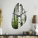 White Green Birch Tree Whispers III - Asymmetric Metal Wall Clock