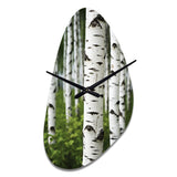 White Green Birch Tree Whispers III - Asymmetric Metal Wall Clock