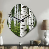 White Green Birch Tree Whispers III - Asymmetric Metal Wall Clock