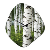 White Green Birch Tree Whispers III - Asymmetric Metal Wall Clock