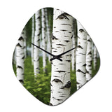 White Green Birch Tree Whispers III - Asymmetric Metal Wall Clock