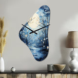 Blue White Tree Moonlit Silhouette I - Asymmetric Metal Wall Clock