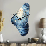Blue White Tree Moonlit Silhouette I - Asymmetric Metal Wall Clock