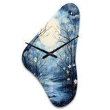 Blue White Tree Moonlit Silhouette I - Asymmetric Metal Wall Clock