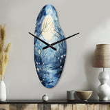 Blue White Tree Moonlit Silhouette I - Asymmetric Metal Wall Clock