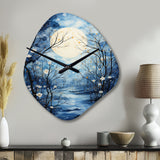 Blue White Tree Moonlit Silhouette I - Asymmetric Metal Wall Clock