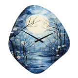 Blue White Tree Moonlit Silhouette I - Asymmetric Metal Wall Clock