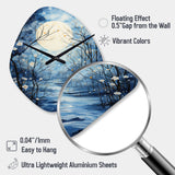 Blue White Tree Moonlit Silhouette I - Asymmetric Metal Wall Clock