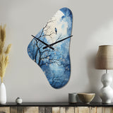 Blue White Tree Moonlit Silhouette II - Asymmetric Metal Wall Clock