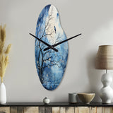 Blue White Tree Moonlit Silhouette II - Asymmetric Metal Wall Clock