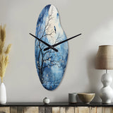 Blue White Tree Moonlit Silhouette II - Asymmetric Metal Wall Clock