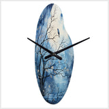 Blue White Tree Moonlit Silhouette II - Asymmetric Metal Wall Clock