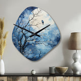 Blue White Tree Moonlit Silhouette II - Asymmetric Metal Wall Clock