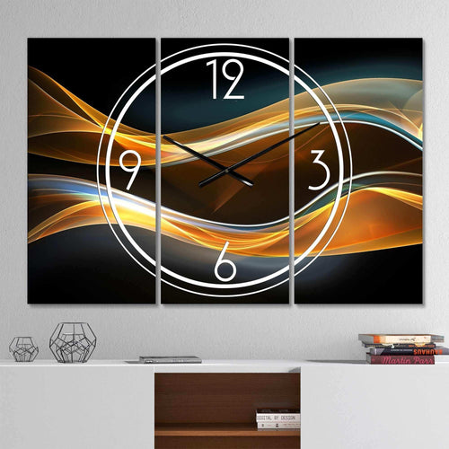 Gold Waves in Black - Abstract Oversized 3 Panels - Metal Wall Clock