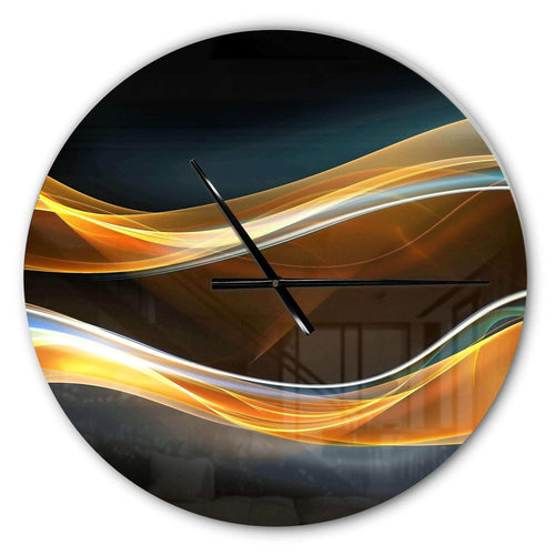 Gold Waves in Black - Abstract Metal Wall Clock