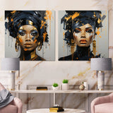 Woman Wall Art Set - Black And Gold Expressive Tribes African Woman IV - 2 Pieces