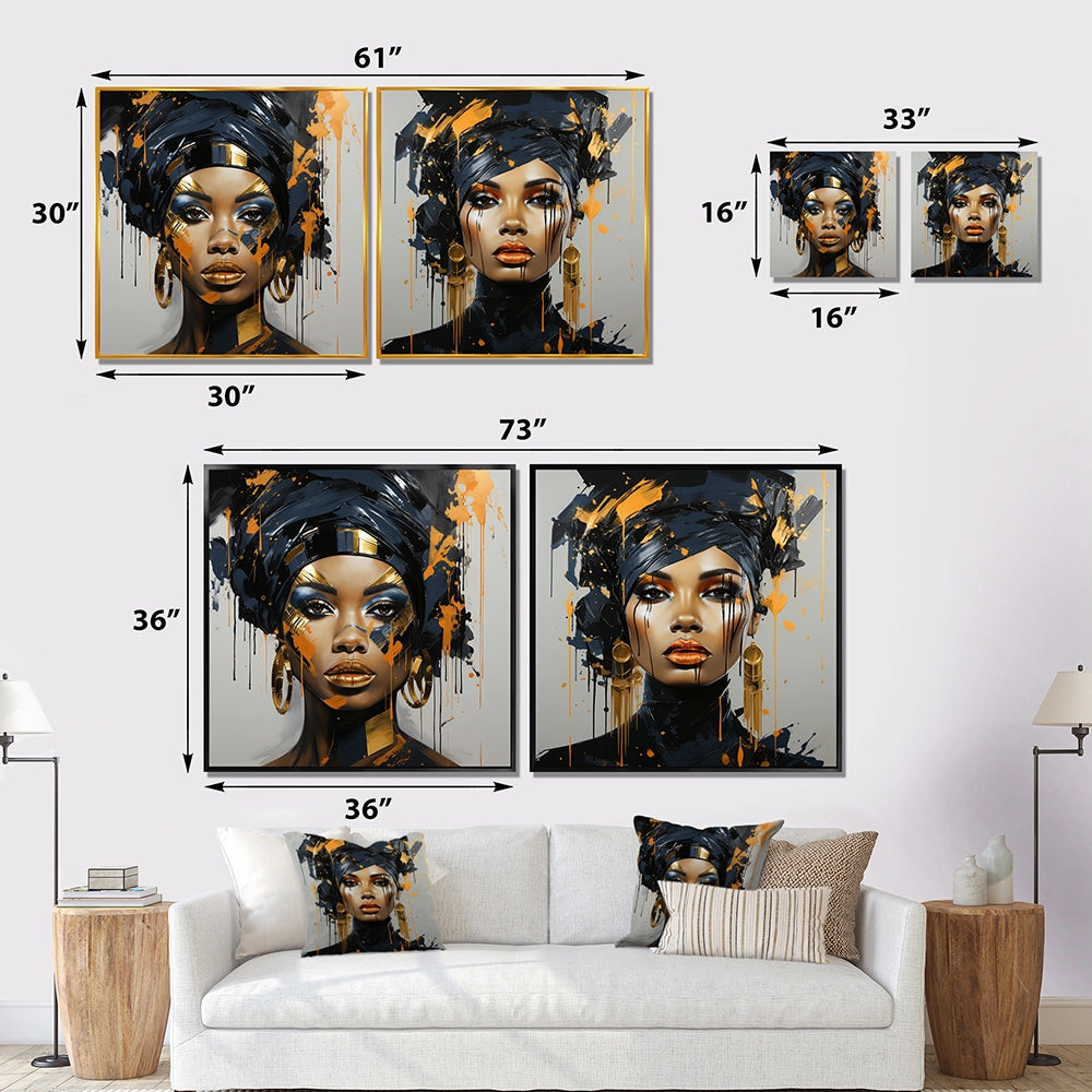 Woman Wall Art Set - Black And Gold Expressive Tribes African Woman IV - 2 Pieces
