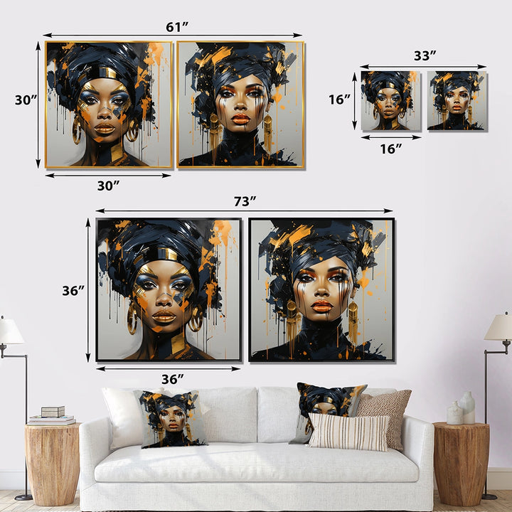 Woman Wall Art Set - Black And Gold Expressive Tribes African Woman IV - 2 Pieces