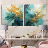 Modern Canvas Wall Art Set - Gold And Teal Aurora Harmony - 2 Pieces