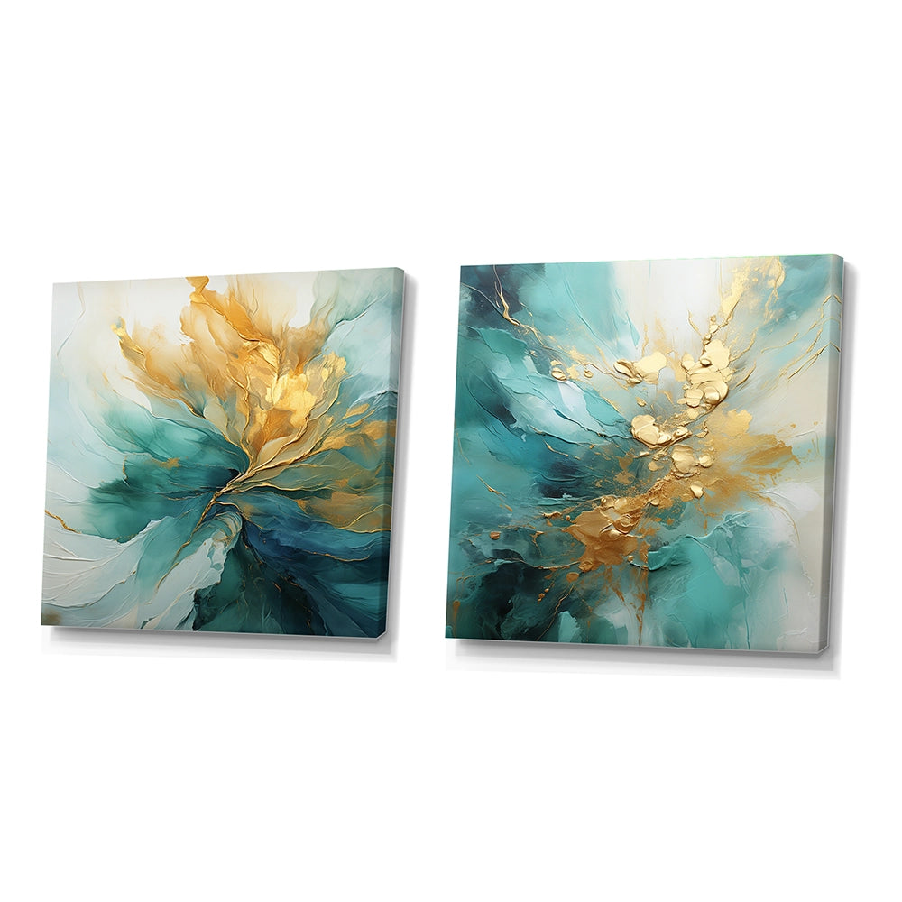 Modern Canvas Wall Art Set - Gold And Teal Aurora Harmony - 2 Pieces