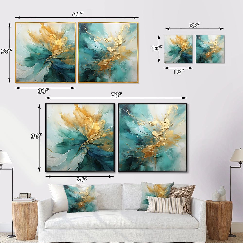 Modern Canvas Wall Art Set - Gold And Teal Aurora Harmony - 2 Pieces