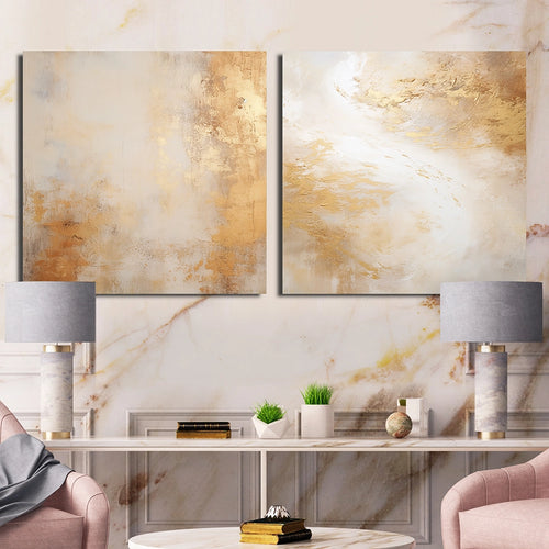 Abstract Collages Canvas Wall Art - Beige And Gold Minimalism Storms III - 2 Pieces