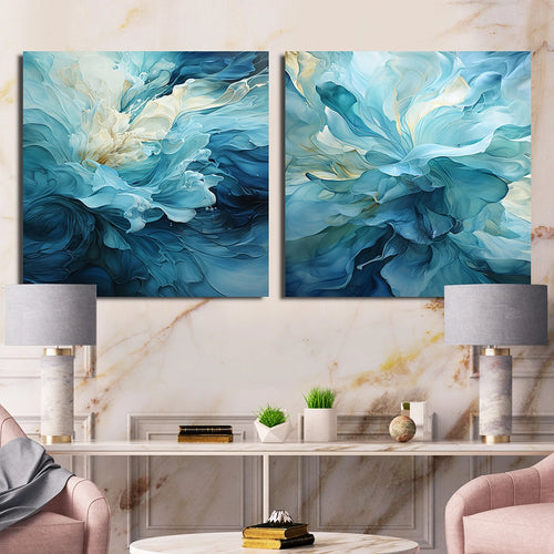 Modern Canvas Wall Art Set - Aqua Blue And White Serenity Swirl III - 2 Pieces