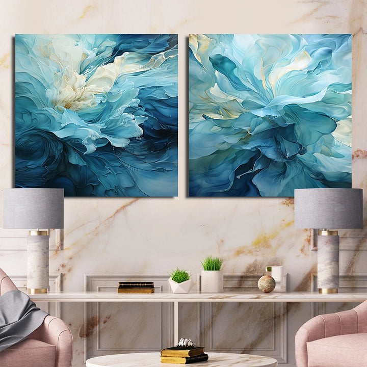 Modern Canvas Wall Art Set - Aqua Blue And White Serenity Swirl III - 2 Pieces